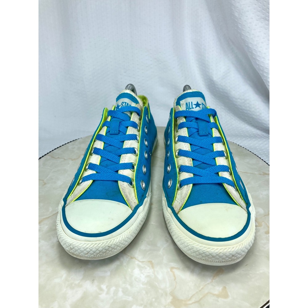 Converse Low Top Double Tongue Shoes Womens Sz 9 Blue Lime Green Canvas Sneakers - Picture 3 of 12